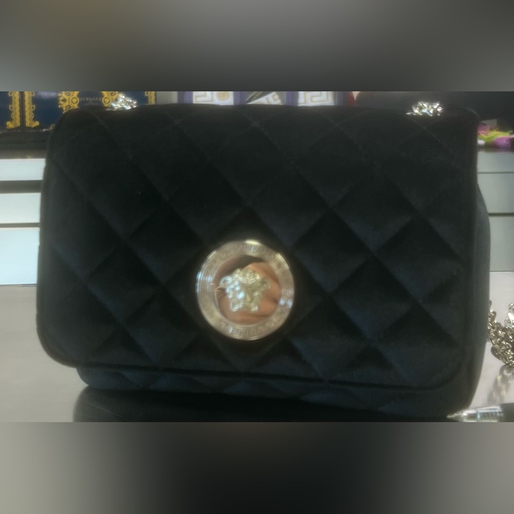 VERSACE Velvet Quilted Medusa Chain Crossbody Black